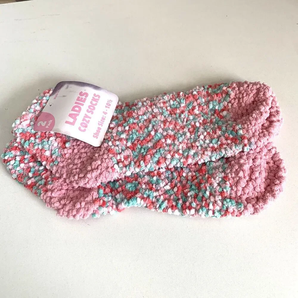 2 Pair Pkg Ladies Cozy Socks Shoe Size: 4- 10 1/2 Multi Pinks & Grays NWOT